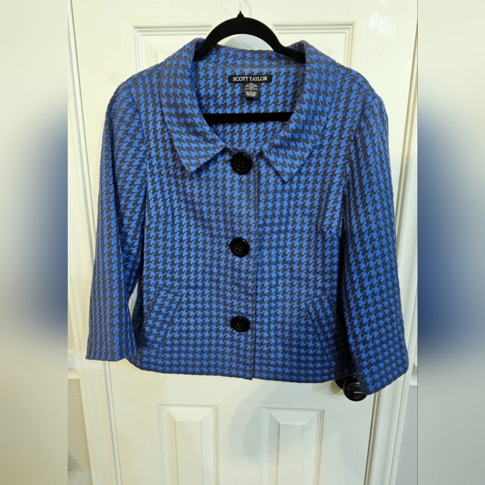 SCOTT TAYLOR Houndstooth Blue Gray Jacket Blazer Size L